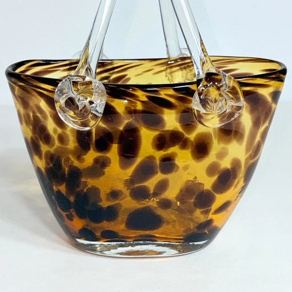 Hand Blown Murano Style Vintage Glass Purse Vase Leopard Spot Amber 7" Art - Picture 7 of 13